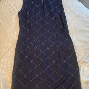 Sharagano Navy Blue Diamond Pattern Midi Dress work flattering tailored print